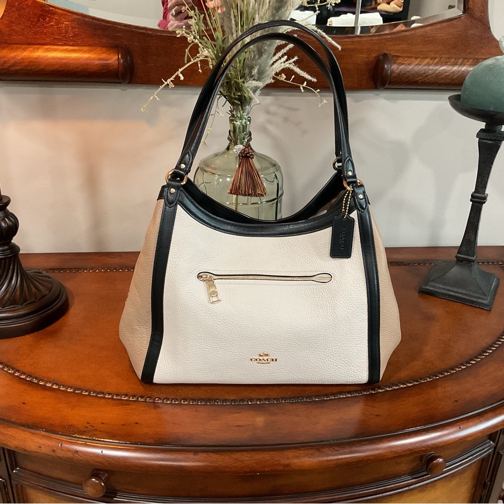 Coach Cream and Black Leather Shoulder Bag with Gold Hardware